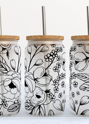 Black Line Art Floral 16oz Libbey Glass Frosted Tumbler