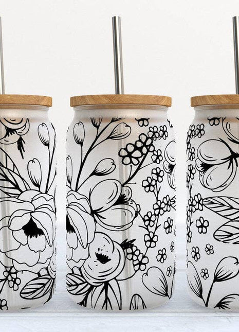 Black Line Art Floral 16oz Libbey Glass Frosted Tumbler