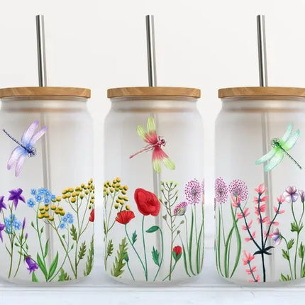  Dragonfly and Flowers 16oz Frosted Glass Tumbler