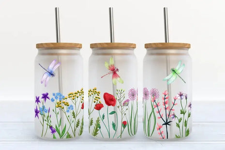  Dragonfly and Flowers 16oz Frosted Glass Tumbler