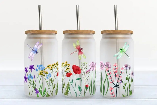  Dragonfly and Flowers 16oz Frosted Glass Tumbler