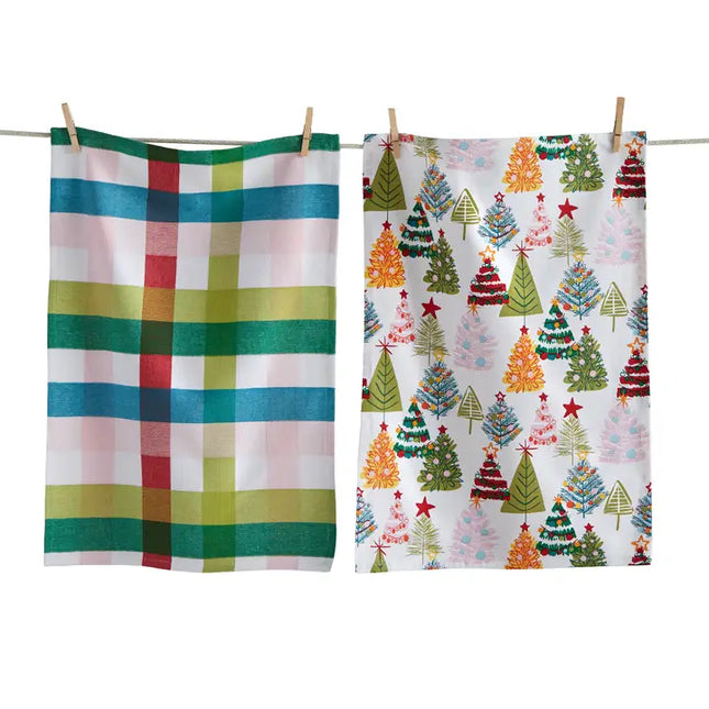 Groovy Christmas Trees Dishtowel Set of 2, 100% Cotton