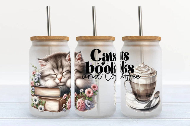 Cats Books and Coffee 16oz Frosted Libbey Glass Tumbler