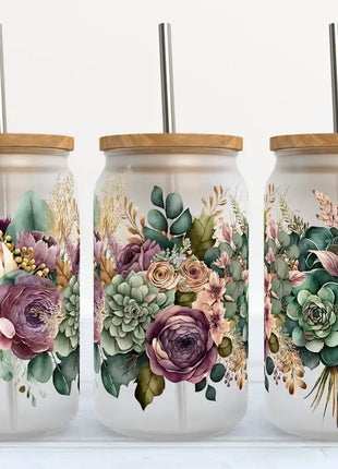 Green and Purple Florals 16oz Frosted Glass Tumbler