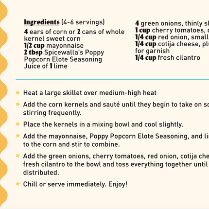 Poppy Elote Corn Salad Recipe Card