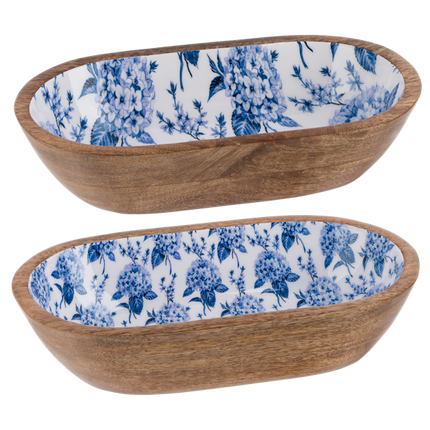 Blue Hydrangea Oval Serving Tray 2 Pc Set