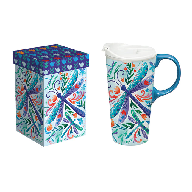 Ceramic Travel Cup w/ Box 17 oz Floral Dragonfly