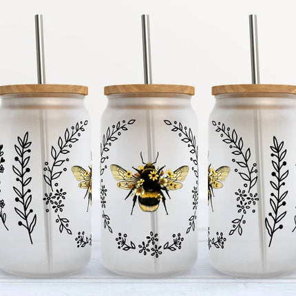 Bumble Bee Floral 16oz Libbey Glass Frosted Tumbler