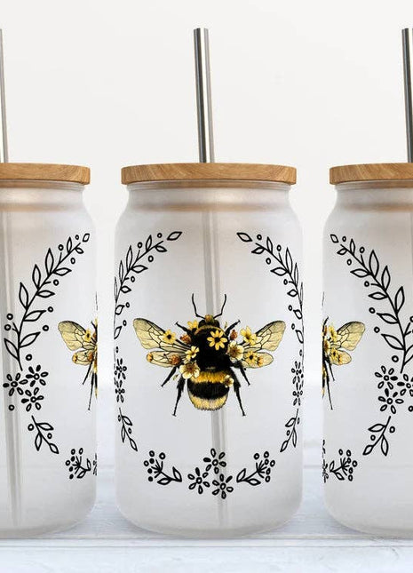 Bumble Bee Floral 16oz Libbey Glass Frosted Tumbler