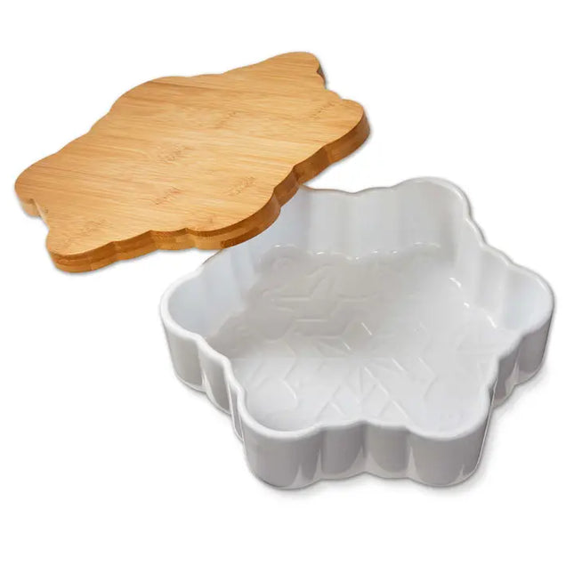 Snowflake Baker with Lid/Trivet White Stoneware
