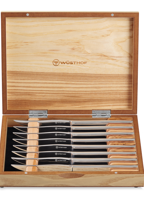 Stainless Steel Steak Set 8 Pc in Olivewood Chest