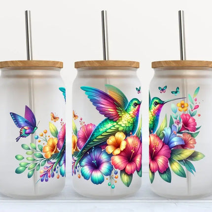Colorful Hummingbird 16oz Frosted Glass Tumbler