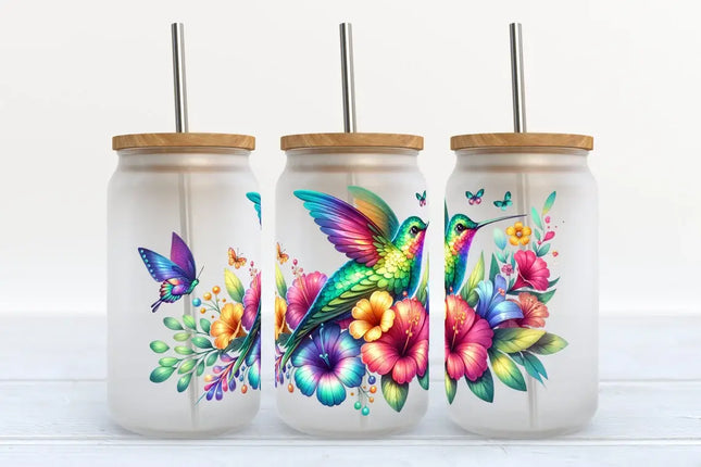 Colorful Hummingbird 16oz Frosted Glass Tumbler