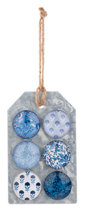 6pc Blue/Wht Floral Glass Magnet Set