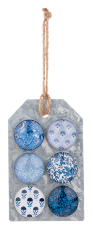 6pc Blue/Wht Floral Glass Magnet Set