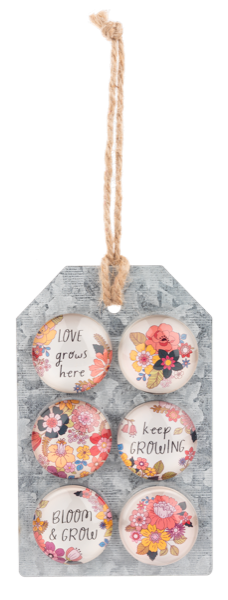 6pc Flower Text Glass Magnet Set