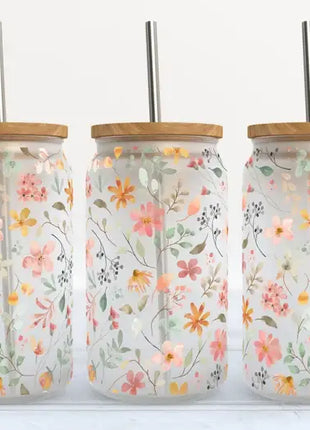  Spring Time Flowers 16oz Frosted Glass Tumbler 
