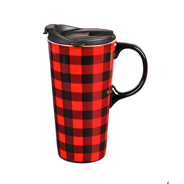 Ceramic Travel Cup w/Box 17 oz Red And Black Buffalo Plaid