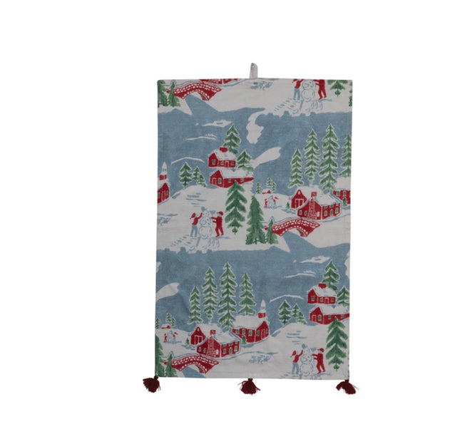 Christmas Market Striped Woven Cotton Tea Towel w/ Ruffle