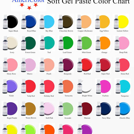 AmeriColor Soft Gel Paste Color Chart with various color swatches.