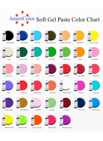 AmeriColor Soft Gel Paste Color Chart with various color swatches.