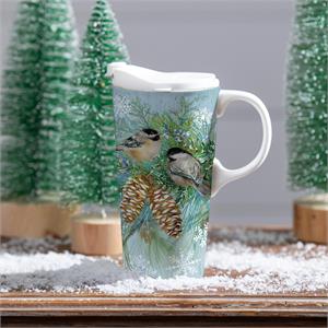 Ceramic Travel Cup Winter Frost Chickadees