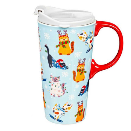 Ceramic Travel Cup 17oz Meowy Christmas