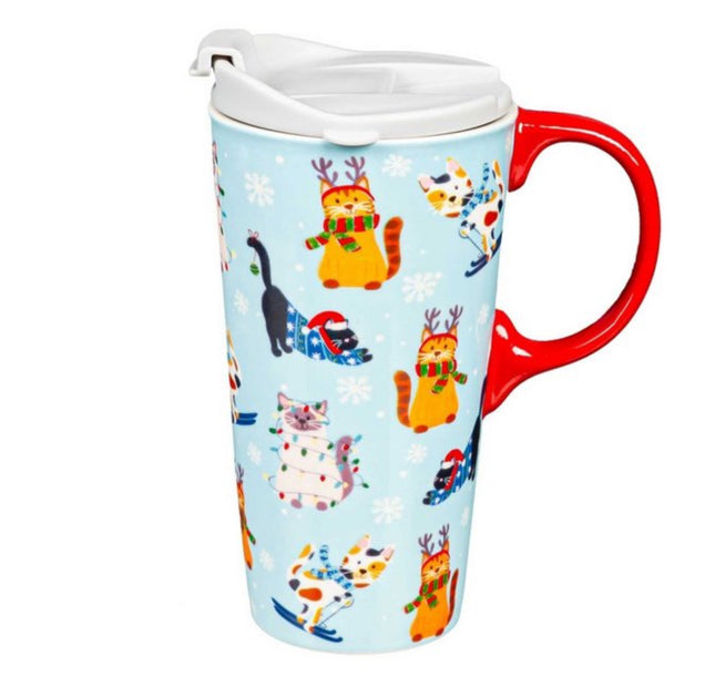 Ceramic Travel Cup 17oz Meowy Christmas