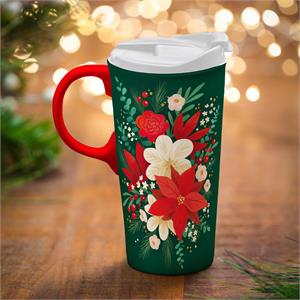 Ceramic Travel Cup Poinsettia Bouquet